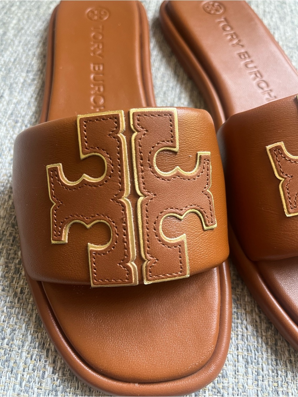 Tory Burch Chestnut Brown Leather Logo Slide Sandals - Picture 2 of 8